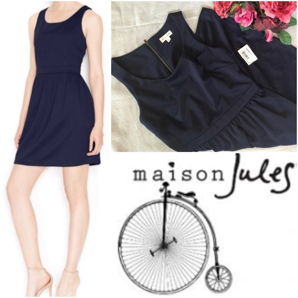 Maison Jules XS Dress Navy Scoop Neck Fit Flare